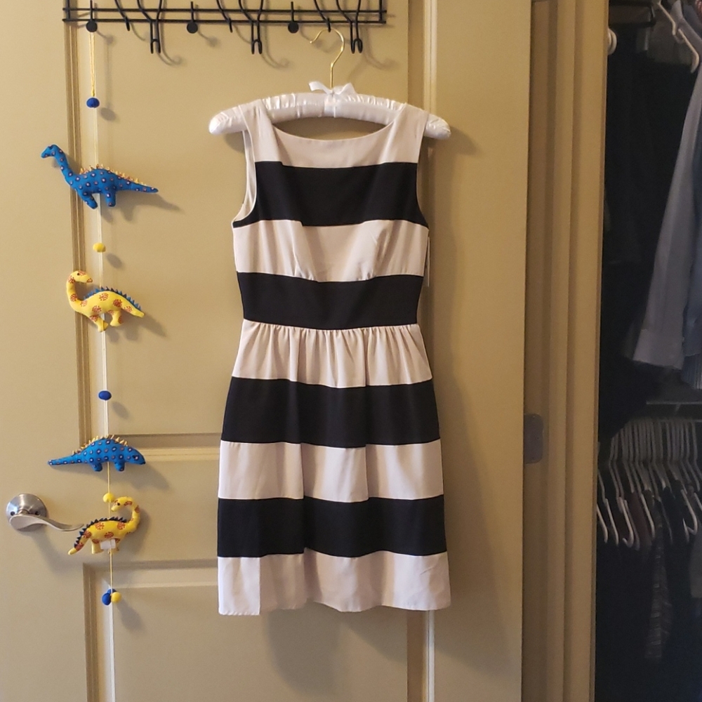 Macy's B. Darlin Black/Nude Striped Dress